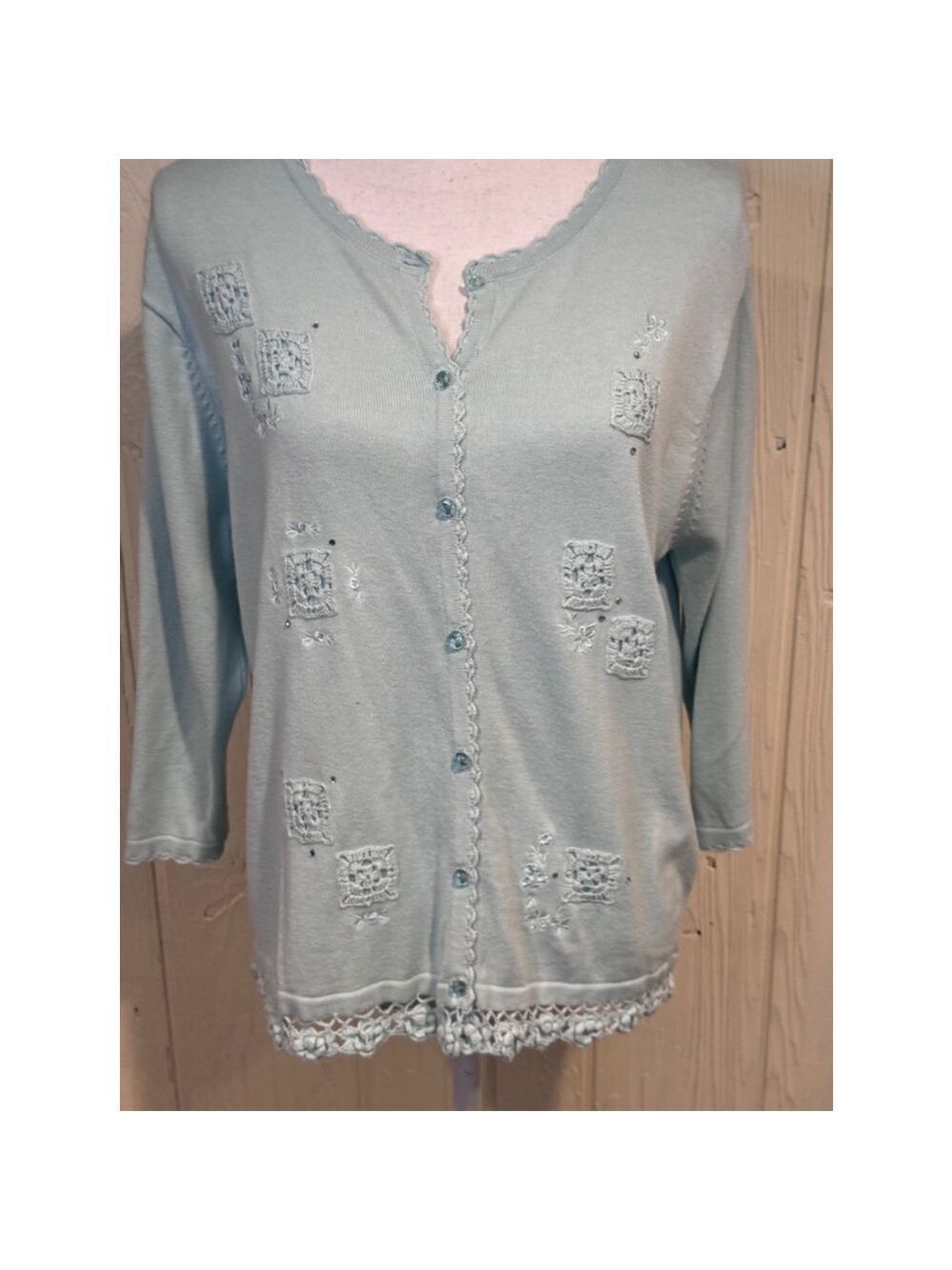 Teddi Vintage Light Blue Crocheted Faux Cardigan Large